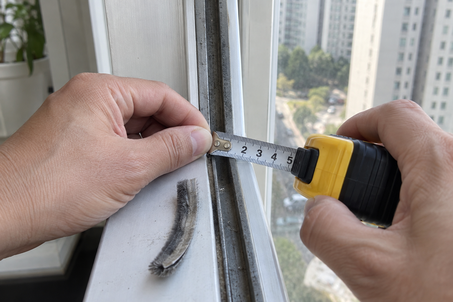 시공업체 기술자가 창호를 점검하는 모습